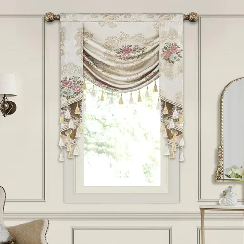 Miniatura 11 de Loom and Mill Cenefa de cascada de lujo, de jacquard, para sala de estar y dormitorio, elegantes cenefas florales europeas con borlas, cortinas azul