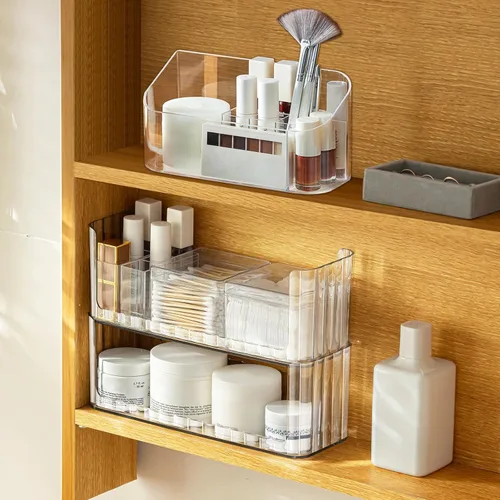 Miniatura 2 de Poeland Paquete de 2 bandejas organizadoras de maquillaje apilables, vitrina transparente para cosméticos con 2 estuches para lápices labiales y 2