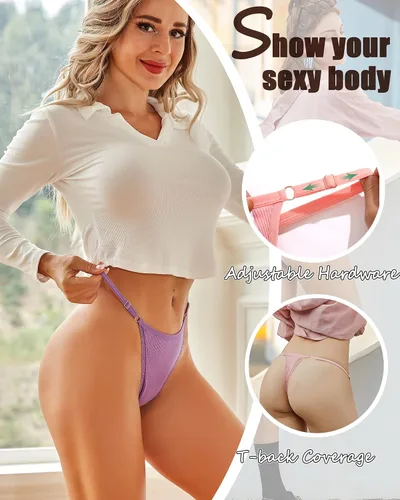 Miniatura 2 de FINETOO Tangas ajustables para mujer, ropa interior de algodón de baja altura con espalda en T, tangas sexy con ribete de encaje, transpirable