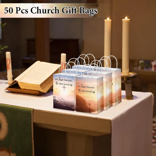Miniatura 6 de Zhanmai - 50 bolsas de regalo cristianas a granel, cruz, religioso, versículo bíblico, bolsas de papel inspiradoras con asas para Vbs, fiesta