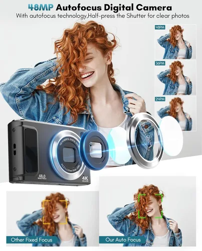 Miniatura 2 de Cámara digital 4K, cámaras de enfoque automático de 48 MP para fotografía, cámara compacta de vlogging con cámara frontal y trasera, cámaras de Negro