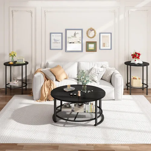 Miniatura 4 de Recaceik Juego de 3 mesas auxiliares redondas y mesa auxiliar con almacenamiento, moderna mesa de centro negra vintage y mesa auxiliar para sala