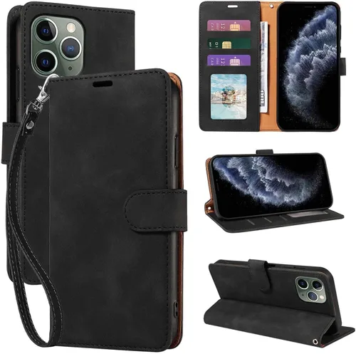 Funda tipo cartera para iPhone 11 Pro, [bloqueo RFID, 3 ranuras para tarjetas], soporte para teléfono, correa de muñeca, cierre magnético, de cuero