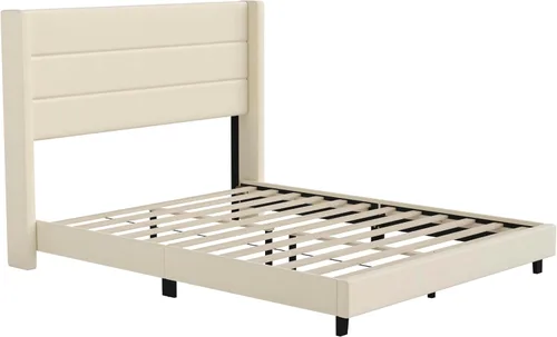 Miniatura 3 de Merrick Lane Percy - Cama de plataforma moderna, lino sintético beige, tamaño Queen, cabecero acolchado con respaldo con alas cosidas de canal