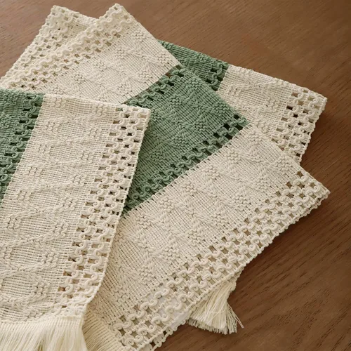 Miniatura 7 de Juego de 4 manteles individuales verdes de macramé para decoración de mesa con flecos, manteles individuales tejidos de arpillera natural para mesa