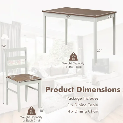Miniatura 6 de COSTWAY Juego de mesa de comedor para 4, sillas de mesa de cocina de madera con patas de madera de goma, diseño que ahorra espacio, moderno juego