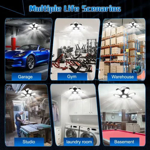 Miniatura 7 de Luz de Garaje – Bombilla de garaje súper brillante de 15000LM, equivalente a 150 W, rosca E26 con 6 paneles deformables, 6500K, luces LED de taller