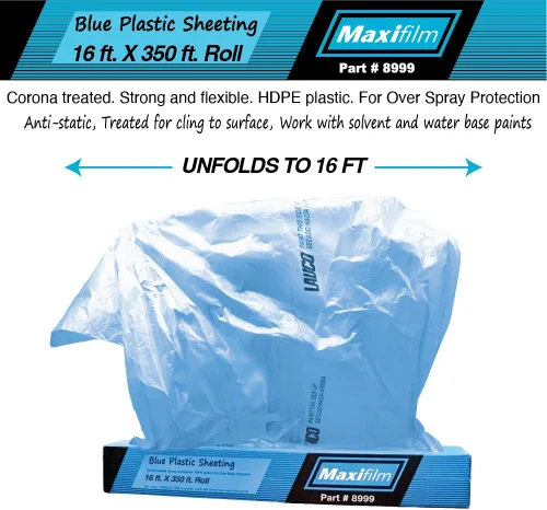 Miniatura 2 de MAXIFILM Rollo de 16 pies x 350 pies de Lámina Plástica Azul para Enmascarar Sobrepulverización Pintable - 8 Micrones, 0.3 Mil, Cubierta de Película