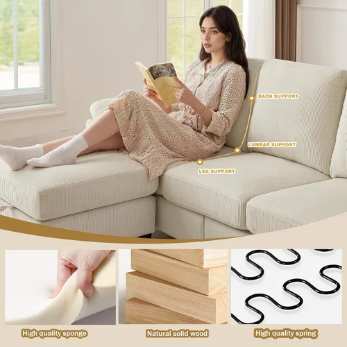 Miniatura 8 de Juego de sofá seccional de corduroy con otomano de almacenamiento y sofá cama, sofá en forma de L de 3 plazas con otomano de almacenamiento oculto