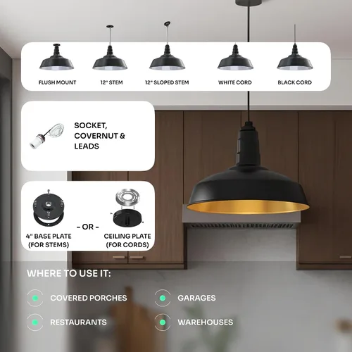 Miniatura 4 de Steel Lighting Co. Carson Barn Light Colgante montado en el techo Cúpula de 16 pulgadas Cable negro Luz de acero de estilo industrial