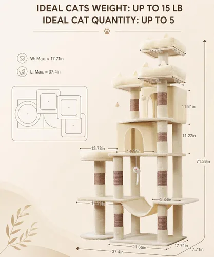 Miniatura 5 de PMT03BW - Árbol para gatos de interior, torre grande de 71 pulgadas con poste rascador y percha superior, hamaca, condominio para gatos adultos