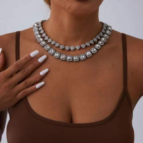 Miniatura 2 de DIDISEE Cadena de eslabones cubanos de oro y plata para mujer, collares de tenis con forma de corazón, cadena de diamantes, collar en capas, collar