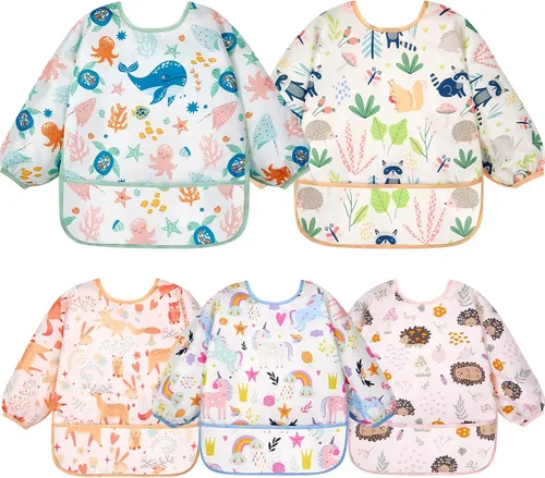 Miniatura 10 de Lictin Baberos de Manga Larga Paquete de 5 - Baberos para Bebé, Baberos Impermeables para Niños Pequeños, Delantal para Bebé para Comer, Baberos