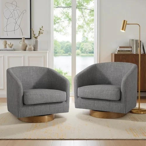 Miniatura 32 de Juego de 2 Sillas Giratorias de Acento, Silla Barril Tapizada en Tela para Sala de Estar, Cómodo Sillón Redondo Sofá Individual Asiento de Lino Beige