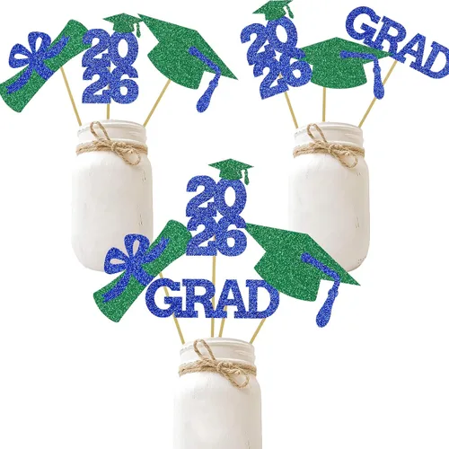 Miniatura 8 de Centro de mesa de graduación Decoración de mesa de centro de fiesta, palillos con purpurina, tapa de graduación para clase, fotomatón, favores, azul