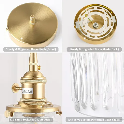 Miniatura 5 de Shenmoyl Paquete de 2 lámparas colgantes con pantalla de vidrio transparente a rayas, luz colgante vintage de latón, luz colgante ajustable