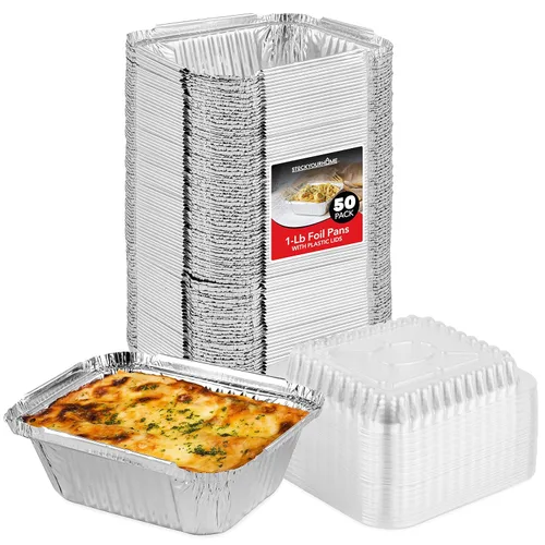 Stock Your Home Sartenes de aluminio pequeños de 1 libra con tapas (paquete de 50), sartenes de aluminio con tapas de plástico transparente,
