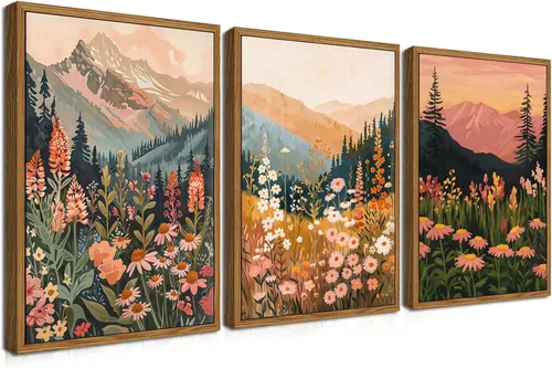 Miniatura 16 de Juego de 3 piezas de arte de pared de montaña colorida boho, pinturas abstractas de paisaje de flores de acuarela, pósters modernos de naturaleza
