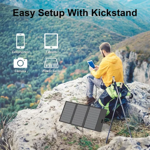 Miniatura 6 de Cargador de panel solar portátil de 45 W con USB-C, USB-A y salidas DC de 18 V, paneles solares plegables impermeables IP67 con un soporte