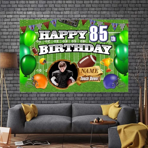 Miniatura 7 de Cartel de decoración de cumpleaños número 85 con temática de fútbol – Cartel de tela personalizado para suministros de fiesta de cumpleaños 85