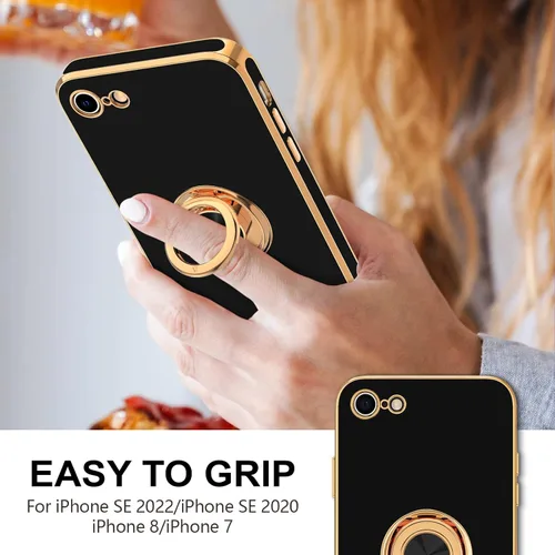Miniatura 2 de Hython Funda para iPhone SE 2022, iPhone SE 2020, iPhone 7, iPhone 8 con soporte de anillo soporte magnético, chapado en oro rosa, TPU suave, Negro