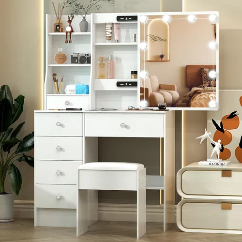 Miniatura 8 de Escritorio blanco cálido con espejo iluminado LED, mesa de tocador de maquillaje con armario izquierdo iluminado, 6 cajones y taburete, tocador