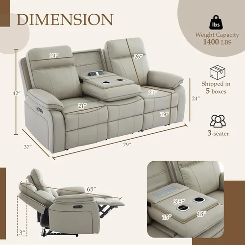Miniatura 2 de Sofá Reclinable Eléctrico con Mesa Plegable, Sofá Reclinable Eléctrico de Cuero Transpirable, Sofá Reclinable Loveseat Eléctrico con Gris