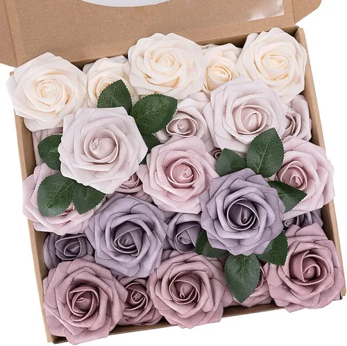 Miniatura 77 de N&T NIETING 25 unidades de flores artificiales, Rosas de espuma artificial de sensación real al tacto, decoración para boda, dama de honor, ramo