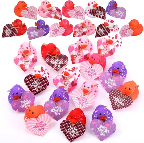 Miniatura 10 de Jerify 48 patos de 2 pulgadas para San Valentín para niños, regalos de intercambio de aula, patos de goma para el día de San Valentín con tarjetas