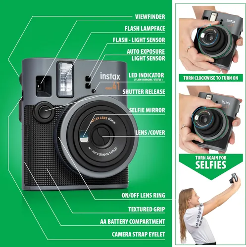 Miniatura 7 de Fujifilm Cámara Instax Mini 41 de película instantánea negra + paquete de 20 impresiones instantáneas Instax