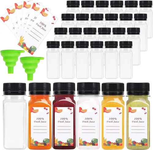 OBKJJ 80 piezas de botellas de jugo de 2 oz, botellas de jugo con tapas reutilizables, botellas vacías transparentes con etiqueta, embudo, cepillo,