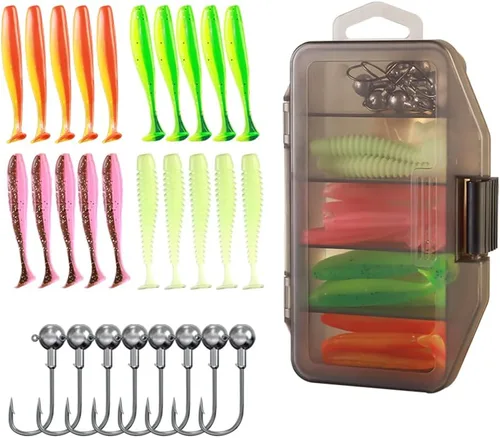 Miniatura 6 de Juego de cebo, juego de señuelos de pesca, juego de caja de equipo de pesca de lubina y trucha, incluye ganchos, gusanos, regalos de pesca