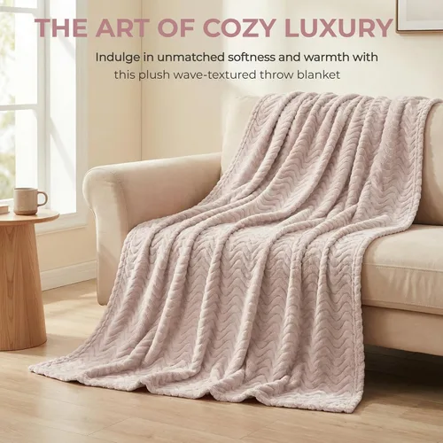 Miniatura 6 de Exclusivo Mezcla Manta Queen para cama, acogedora manta ligera de vellón con textura ondulada decorativa, adecuada para invierno, camello, 90 x 90