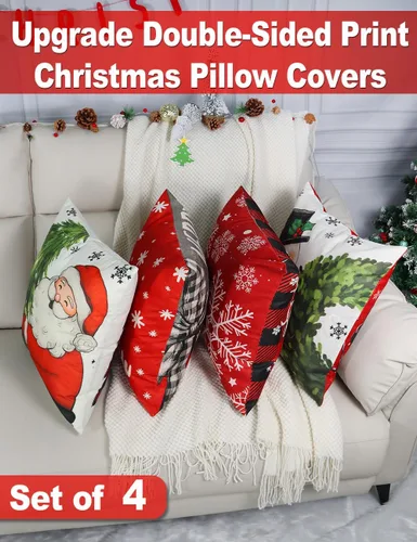 Miniatura 2 de multiwins Decoraciones Navideñas Juego de 4 Fundas de Cojines Navideños con Estampado de Doble Cara de 16" x 16", con 8 Bonitos Patrones, Fundas