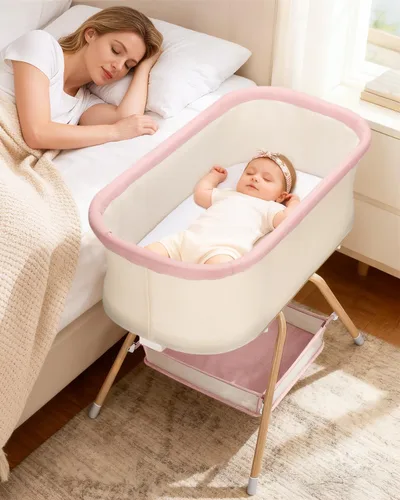 Miniatura 7 de Cuna de bebé 3 en 1, moisés mecedora para bebé con diseño de malla y colchón suave, moisés para recién nacido, nido portátil con cesta de Beige