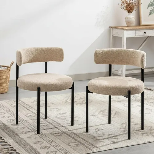 Juego de 2 sillas de comedor Boucle, sillas de comedor beige con asiento tapizado y respaldo redondo, sillas de cocina modernas de mediados de siglo