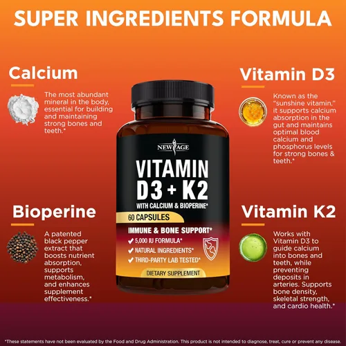Miniatura 2 de NEW AGE Vitamina D3 5,000 UI + K2 MK-7 100 mcg - 2 en 1 hueso, apoyo inmunológico y cardíaco, fácil de tragar, sin OMG - 120 cápsulas