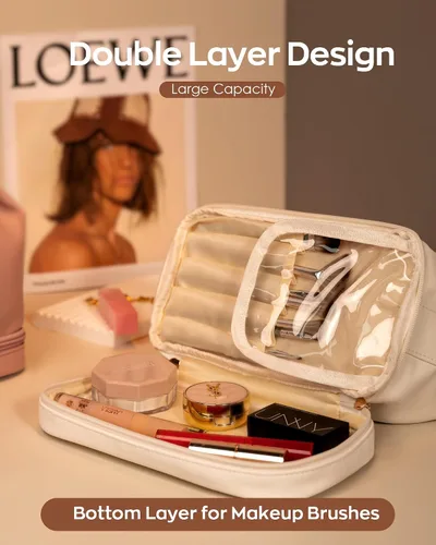 Miniatura 6 de Bolsa de maquillaje con asa, bolsa de cosméticos impermeable de doble capa, bolsas de maquillaje de cuero PU de gran capacidad con letra, bolsa