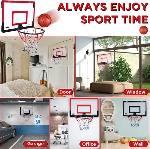 Miniatura 5 de Sosation 2 piezas Mini aro de baloncesto con 4 balones de baloncesto, gancho adhesivo, bomba, aro de baloncesto para interiores sin perforación