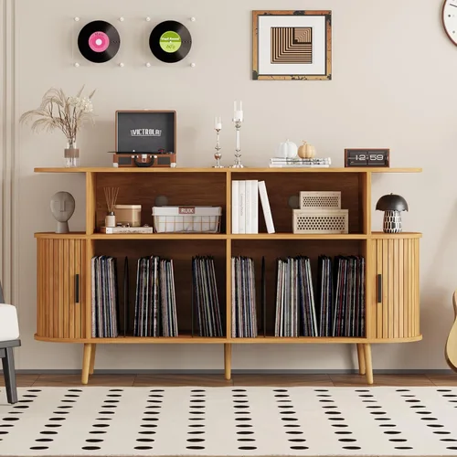 Miniatura 10 de Soporte para tocadiscos de 35.4 pulgadas con almacenamiento, gabinete de almacenamiento de discos de vinilo y consola multimedia con capacidad
