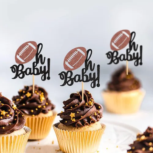 Miniatura 4 de Ercadio Paquete de 24 adornos para cupcakes de fútbol americano Oh Baby - Púas de rugby con purpurina negra para temática deportiva, baby shower