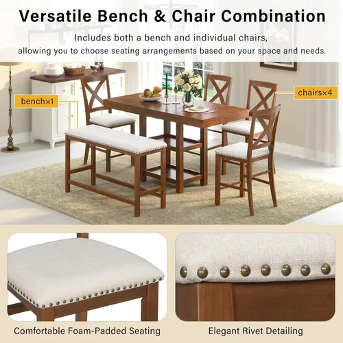 Miniatura 6 de JIVOIT Farmhouse 6 Piece Dining Table Set, Counter Height Table Set with 4 Chairs and a Bench, Rubber Wood Expandable Bar Table Set with Rivet Gris-3