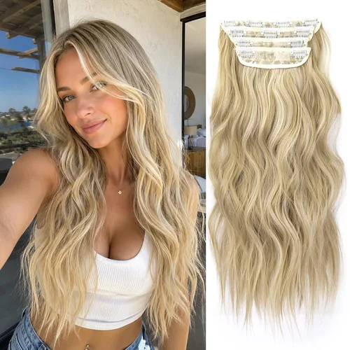 Miniatura 23 de Extensiones de cabello sintético con pinzas, largas y lacias, gruesas, extensiones de cabello natural de fibra de color rubio 613 de doble trama, 20
