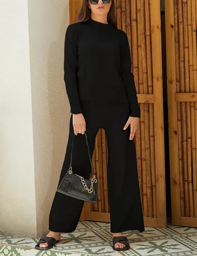 Miniatura 7 de Conjunto de 2 piezas para mujer, sudadera con cuello alto falso, pantalones de pierna ancha, conjuntos de ropa de descanso