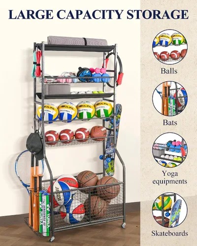 Miniatura 2 de Mythinglogic Organizador de garaje para equipos deportivos, almacenamiento de bolas de garaje para equipo deportivo y juguetes, carrito de bolas