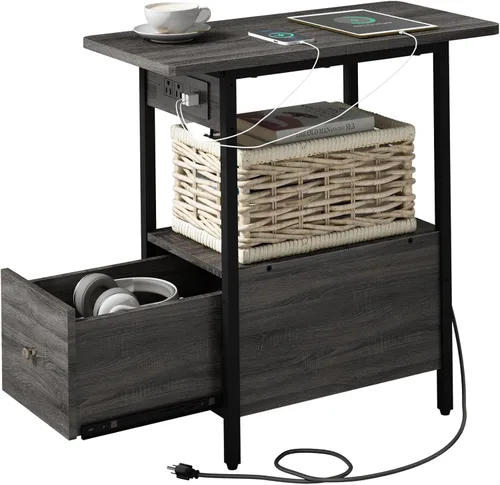 Miniatura 12 de LIDYUK Mesa auxiliar con estación de carga, mesa auxiliar estrecha con cajón, puertos USB y tomas de corriente, mesita de noche para espacios Negro