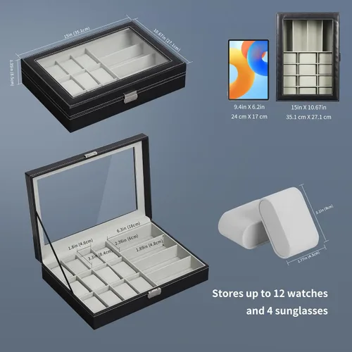 Miniatura 17 de AUTOARK AW-004 - Caja de cuero para 6 relojes y 3 lentes y gafas de sol con organizador de joyas, cajas de almacenamiento para hombre y mujer, tapa