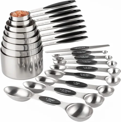 Juego de tazas y cucharas medidoras de acero inoxidable, incluye 8 tazas medidoras resistentes, 8 cucharas medidoras magnéticas de doble cara y 1