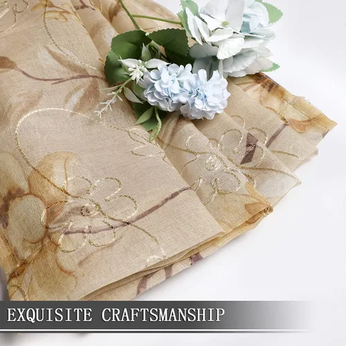 Miniatura 7 de Tollpiz Cortina Corta Transparente de Nivel Beige con Estampado de Hojas y Flores, Bordado Floral, Cortinas de Media Ventana Transparentes