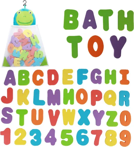 Organizador de juguetes de baño + 36 de espuma suave ABC 123 letras y números, alfabeto de baño, juguetes para bebé, letras de espuma de aprendizaje